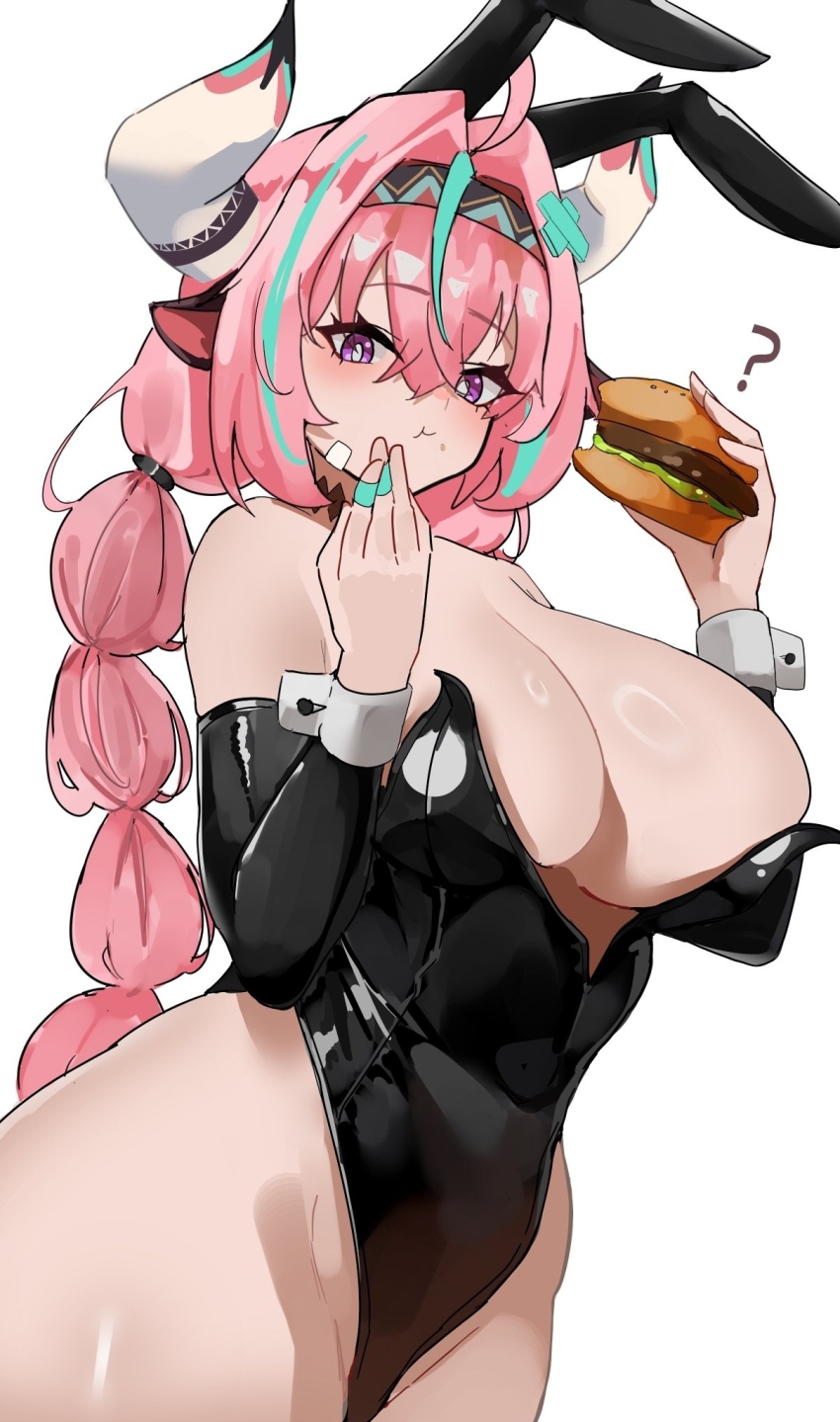 1girl ? ahoge animal_ears aqua_hair aqua_hairband bandaid bandaid_on_cheek bandaid_on_face bare_shoulders black_hairband black_leotard black_sleeves blush braid breasts burger commentary covered_navel cow_ears cow_girl cow_horns crumbs detached_sleeves eating food genshin_impact hair_between_eyes hair_ornament hairband highres holding holding_burger holding_food horns huge_breasts jewelry leotard lettuce long_hair looking_at_viewer multicolored_hair multicolored_hairband multiple_rings open_mouth pink_eyes pink_hair pink_hairband playboy_bunny rabbit_ears ring ring_light_reflection simple_background smile solo streaked_hair thighs twin_braids twintails two-tone_hair unknownnoname0 varesa_(genshin_impact) white_background white_horns white_wrist_cuffs wrist_cuffs