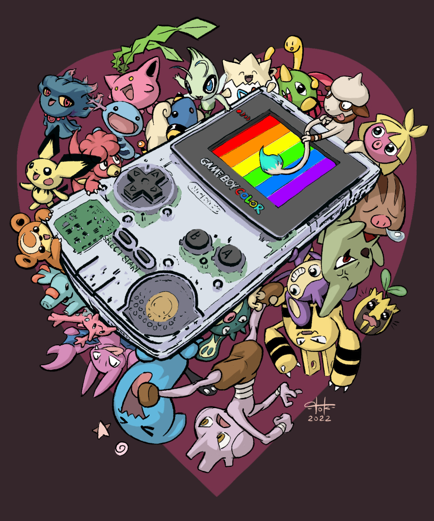 2022 ^_^ aipom celebi closed_eyes commentary corsola elekid english_commentary flaaffy game_boy game_boy_color gen_2_pokemon gen_3_pokemon gligar handheld_game_console highres hoppip larvitar leandro_tokarevski legendary_pokemon lgbt_pride misdreavus mythical_pokemon natu nintendo no_humans phanpy pichu pokemon pokemon_(creature) pokemon_gsc qwilfish see-through_clothes shuckle signature smeargle smoochum sunkern swinub teddiursa togepi torchic tyrogue wobbuffet wooper