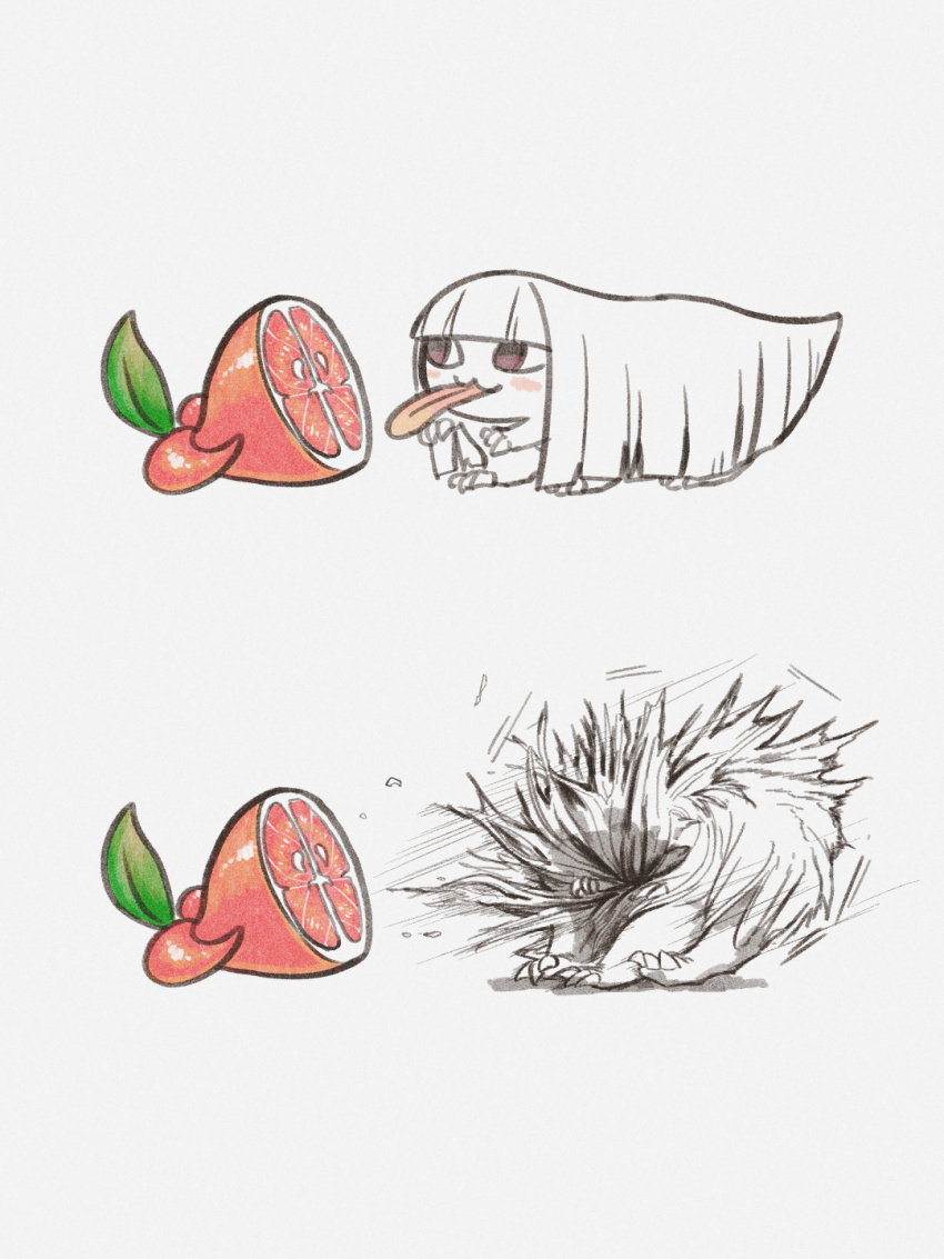 1girl blush_stickers byackopath_(artist) commentary_request food fruit highres long_tongue meme monster_girl original red_eyes simple_background sour_(taste) thour_(meme) tongue very_long_tongue white_background white_hair
