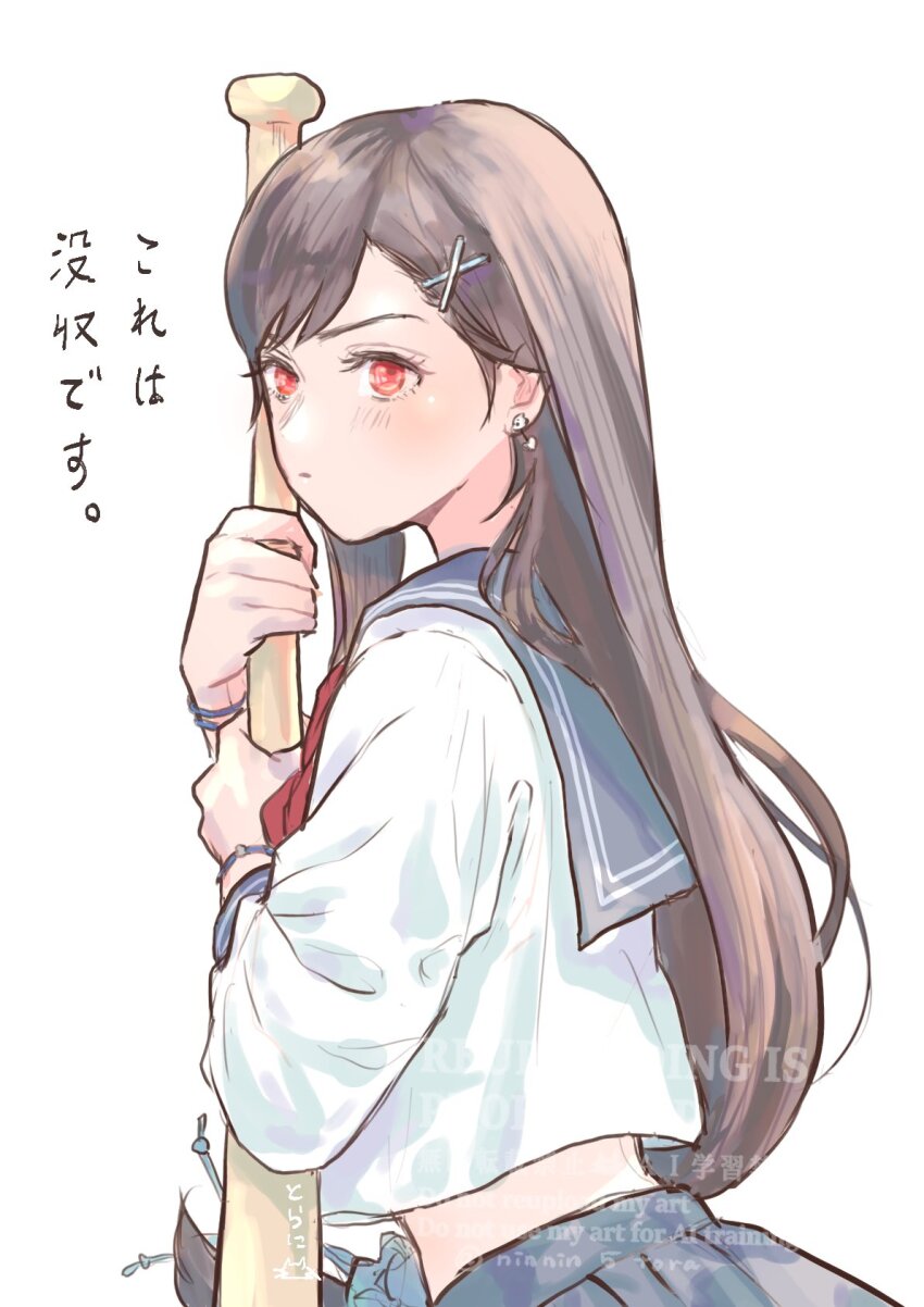 1girl baseball_bat black_hair blue_sailor_collar blue_skirt blush bracelet brown_hair closed_mouth commentary_request earrings final_fantasy final_fantasy_vii final_fantasy_vii_ever_crisis from_side hair_behind_ear hair_ornament hairclip highres holding holding_baseball_bat jewelry long_hair midriff_peek neckerchief ninnin5tora official_alternate_costume pleated_skirt red_eyes red_neckerchief sailor_collar school_uniform serafuku simple_background single_earring skirt solo swept_bangs tifa_lockhart tifa_lockhart_(midgard_seventh_high_school) upper_body white_background white_serafuku