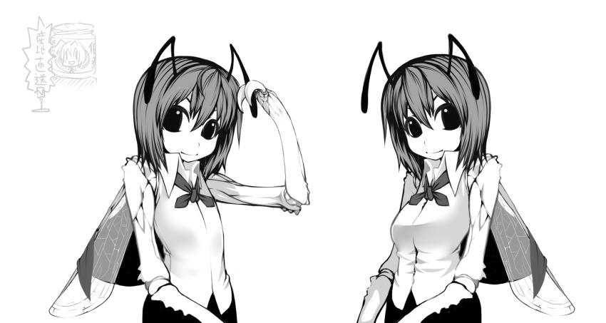 2000s_(style) 2girls antennae arthropod_girl arthropod_limbs asakawa_remon bow bowtie breasts closed_mouth collared_shirt flat_chest greyscale insect_wings looking_at_viewer medium_breasts monochrome multiple_girls shirt short_hair simple_background sleeveless sleeveless_shirt smile touhou upper_body wings wriggle_nightbug