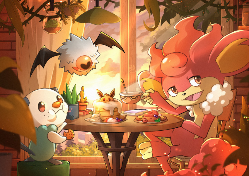 cake cookie cup eating fern food gen_5_pokemon highres holding holding_cup indoors looking_at_viewer micro_bihon nintendo no_humans open_mouth oshawott pokemon pokemon_(creature) simisear sunset table teacup window woobat