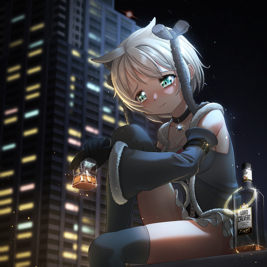 2_ru absurdres alcohol apartment artist_name azusa_mifuyu buckle building city collar corset drunk frills from_below fur_trim glass gloves green_eyes halo highres leg_up magia_record:_mahou_shoujo_madoka_magica_gaiden mahou_shoujo_madoka_magica night particles ribbon signature sitting skindentation soul_gem sparkle stars thighhighs whiskey white_hair