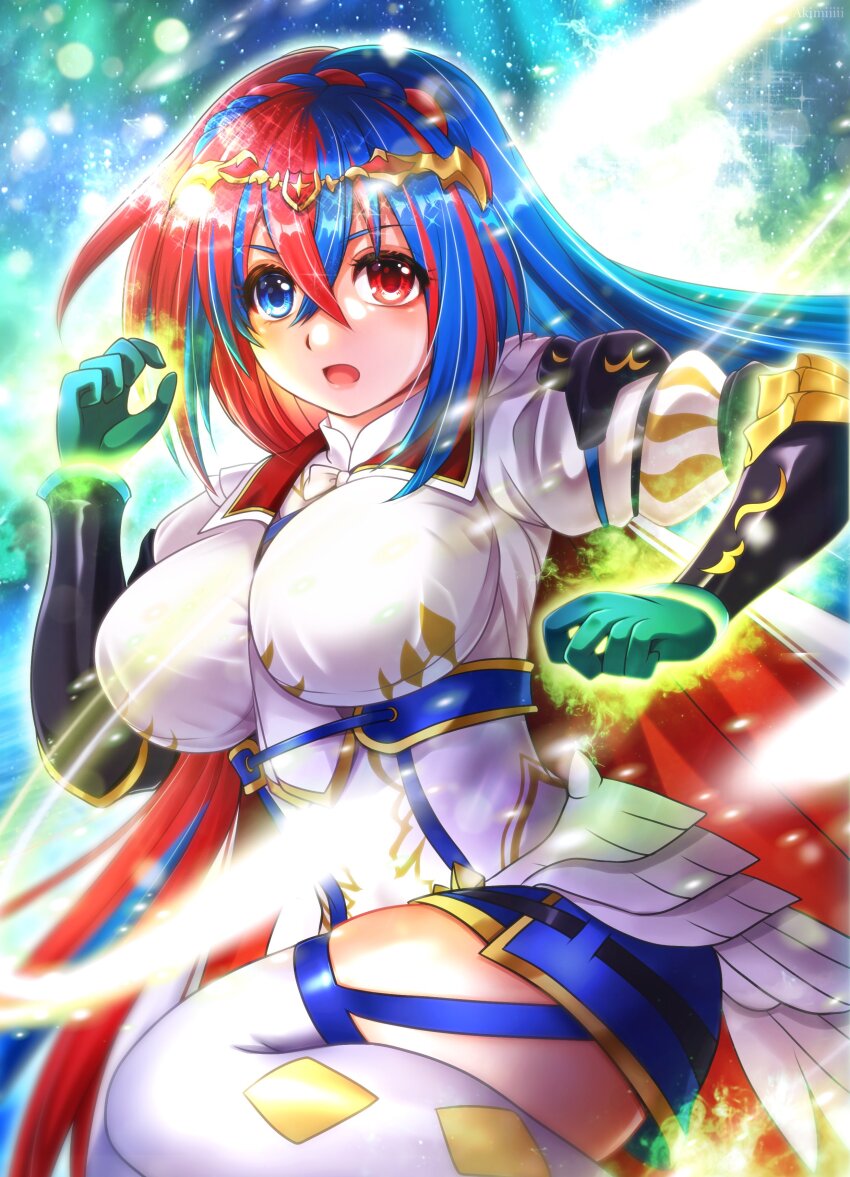 1girl absurdres akimiiiii female_alear_(fire_emblem) blue_eyes blue_hair breasts crossed_bangs female_alear_(awoken_divinity)_(fire_emblem) fire_emblem fire_emblem_engage heterochromia highres large_breasts long_hair multicolored_hair nintendo official_alternate_costume red_eyes red_hair solo split-color_hair tiara two-tone_hair very_long_hair