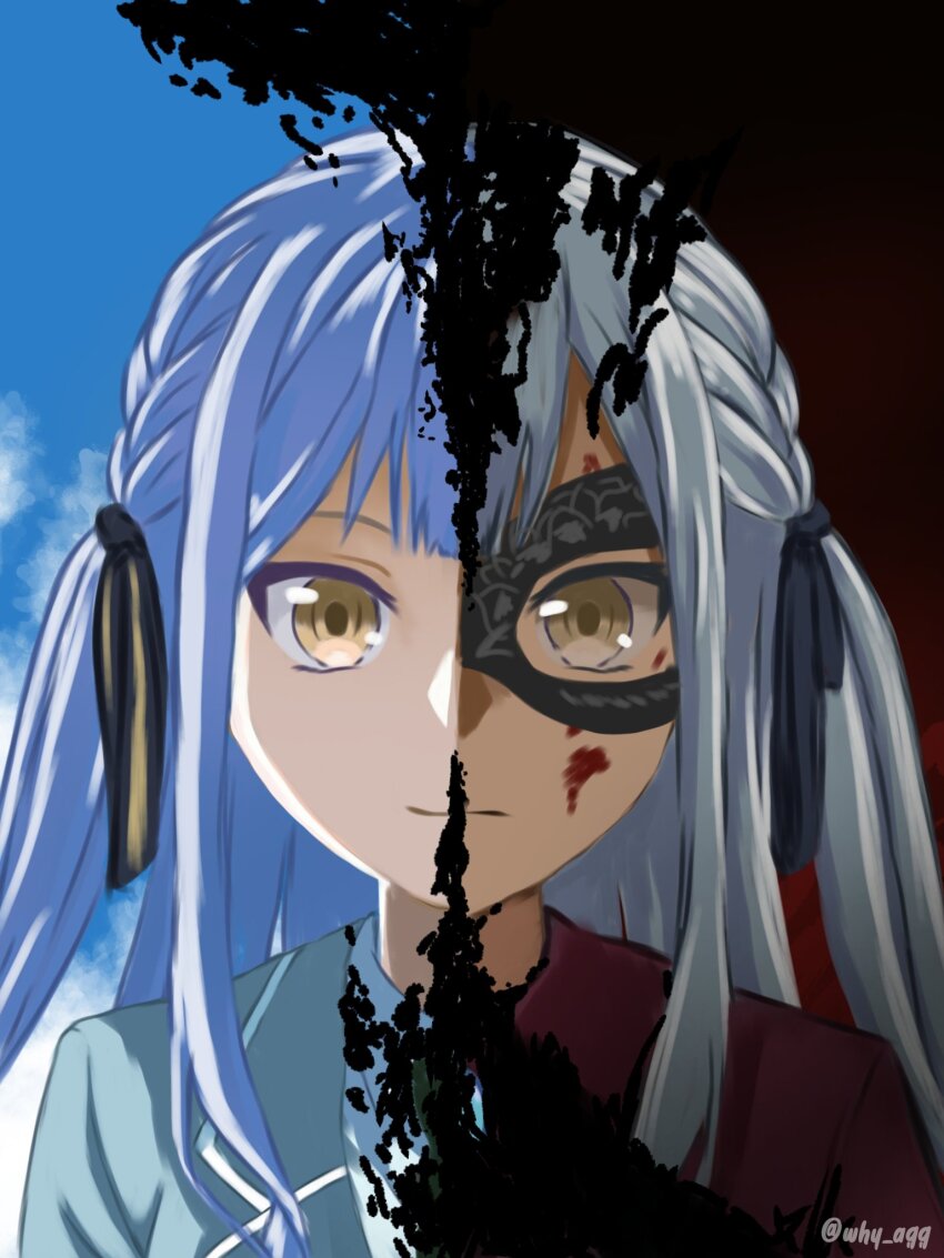 1girl a_whydc bang_dream! bang_dream!_it&#039;s_mygo!!!!! black_mask black_ribbon blood blood_on_face blue_hair closed_mouth commentary green_necktie grey_jacket hair_ribbon haneoka_school_uniform highres jacket long_hair looking_at_viewer mask masquerade_mask necktie red_shirt ribbon school_uniform shirt sidelocks solo split_theme symbol-only_commentary togawa_sakiko twitter_username upper_body white_shirt