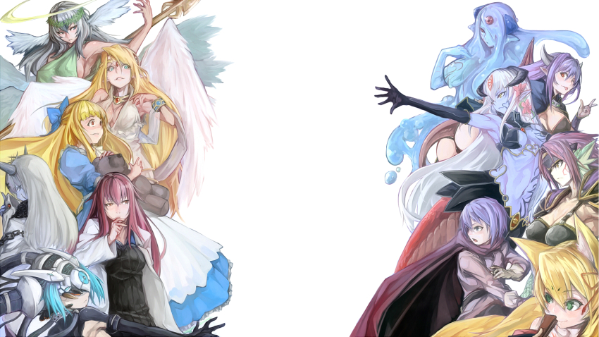 alipheese_fateburn_xvi alma_elma angel angel_girl armor black_alice erubetie granberia highres ilias kitsune la_croix laplace_(mon-musu_quest!) luka_(mon-musu_quest!) mon-musu_quest! monster_girl promestein seraph_eden simple_background slime_girl tamamo_(mon-musu_quest!) white_background wings