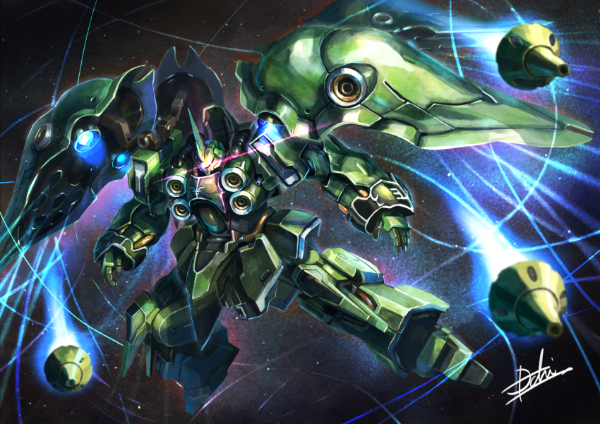 funnels_(gundam) glowing glowing_eyes gundam gundam_unicorn hukutuuprunes kshatriya looking_at_viewer mecha mobile_suit no_humans one-eyed open_hands pink_eyes robot science_fiction solo space