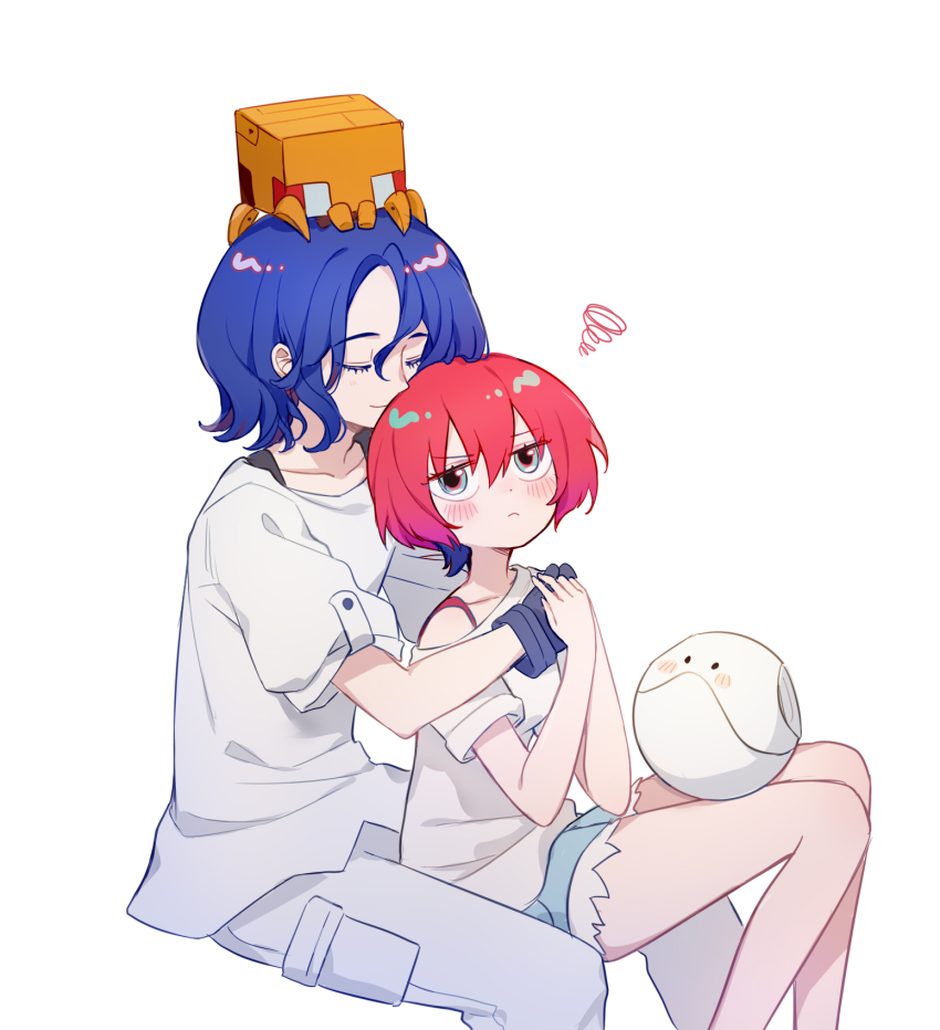 1boy 1girl amate_yuzuriha aqua_eyes blue_hair blush closed_eyes colored_inner_hair conch_(gundam) denim denim_shorts gloves gundam gundam_gquuuuuux haro hetero highres hug hug_from_behind multicolored_hair nishina_plus non-humanoid_robot purple_hair red_hair robot shirt short_hair shorts shuji_ito simple_background sitting sitting_between_lap smelling smelling_hair two-tone_hair white_background white_shirt