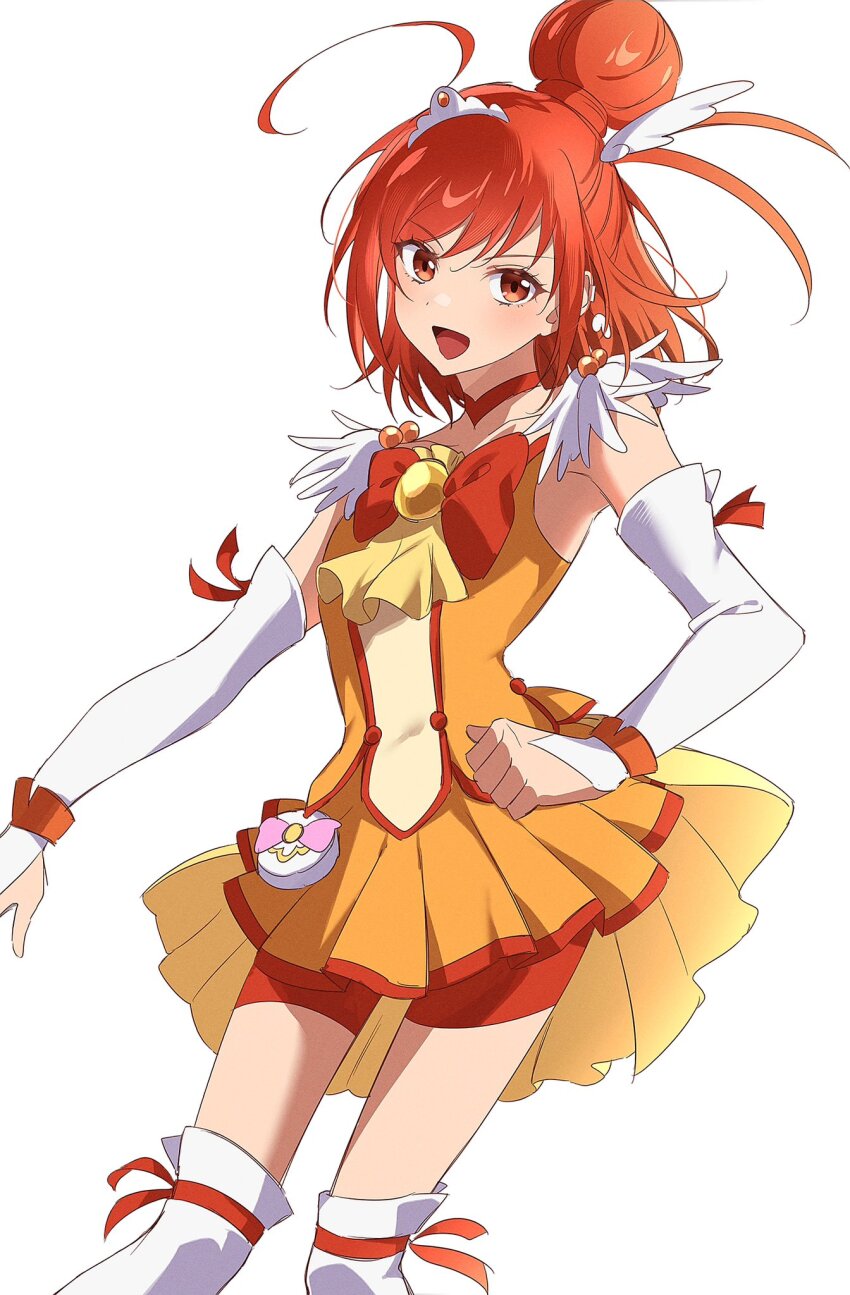 1girl ahoge bare_shoulders bob_cut choker compact_(cosmetics) cosmetics cure_sunny dress frilled_dress frilled_skirt frills gloves hair_bun hair_ornament head_wings highres hino_akane_(smile_precure!) kneehighs open_mouth orange_hair pants parted_bangs precure short_hair skirt sleeveless sleeveless_dress smile_precure! socks solo tight_clothes tight_pants white_gloves wing_hair_ornament wings wristband yur11