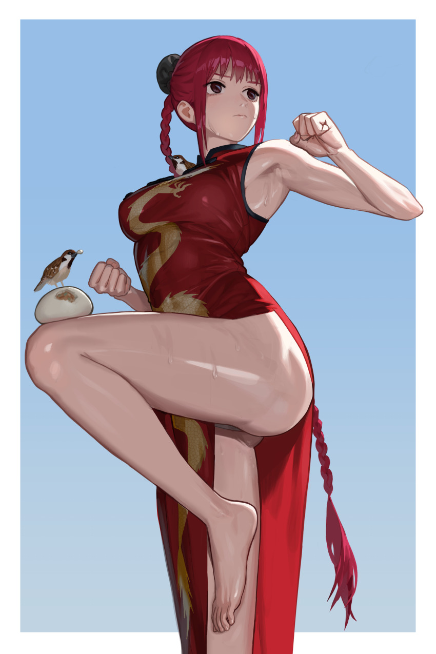 1girl absurdres animal animal_on_shoulder armpits ass bare_shoulders barefoot bird bird_on_shoulder black_eyes braid braided_ponytail breasts bun_cover china_dress chinese_clothes clenched_hand closed_mouth dragon_print dress feet fighting_stance food hair_bun highres kalt_(skyover_land) knee_up large_breasts long_braid looking_to_the_side lu_xiaotang panties pantyshot red_dress red_hair sakamoto_days solo standing standing_on_one_leg steamed_bun sweat thighs thong underwear white_panties