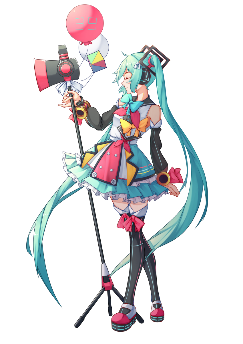 1girl absurdres balloon black_thighhighs blue_bow blue_bowtie blue_hair bow bowtie closed_eyes detached_sleeves dress female_focus floating_hair from_side hair_ornament hatsune_miku headphones highres layered_dress long_hair magical_mirai_(vocaloid) magical_mirai_miku magical_mirai_miku_(2018) red_bow red_ribbon ribbon short_dress simple_background sleeveless sleeveless_dress solo standing thighhighs twintails very_long_hair vocaloid white_background yellow_bow zuiai_gongzhu_dianxia