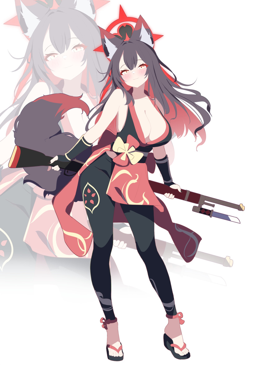 1girl absurdres alternate_costume animal_ear_fluff animal_ears arms_behind_back austsue bare_shoulders black_dress black_gloves black_hair black_nails black_pants black_sash blue_archive blush breasts cleavage closed_mouth colored_inner_hair dress fingerless_gloves fox_ears fox_girl fox_tail gloves gun highres holding holding_gun holding_weapon large_breasts looking_at_viewer multicolored_dress multicolored_hair obi pants rifle sash sleeveless sleeveless_dress smile solo tail two-tone_hair wakamo_(blue_archive) weapon yellow_eyes