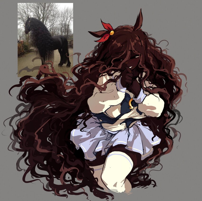 1girl absurdres animal_ears blairevt blue_bow bow brown_hair commentary cropped_legs dark-skinned_female dark_skin english_commentary friesian_horse_girl grey_background hair_between_eyes hair_ribbon half-closed_eyes highres horse_ears horse_girl horseshoe_ornament long_hair long_sleeves looking_to_the_side personification pleated_skirt purple_sailor_collar purple_skirt red_ribbon ribbon sailor_collar school_uniform serafuku shirt simple_background skirt smile solo thighhighs tracen_school_uniform umamusume very_dark_skin very_long_hair wavy_hair white_shirt white_thighhighs zettai_ryouiki