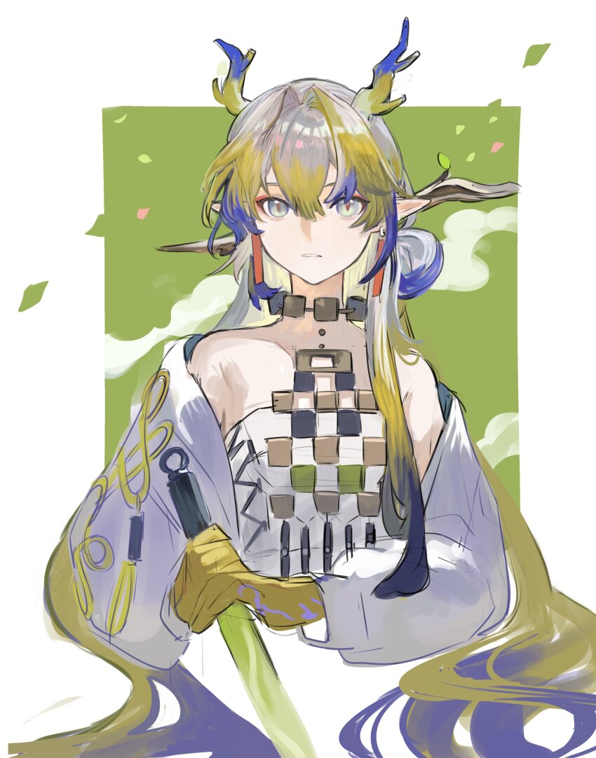 1girl absurdres arknights bare_shoulders blonde_hair blue_hair colored_skin dragon_horns earrings gradient_hair green_eyes hair_between_eyes highres holding horns jacket jewelry long_hair long_sleeves looking_at_viewer multicolored_hair multicolored_skin parted_lips pointy_ears shu_(arknights) simple_background slit_pupils solo strapless streaked_hair very_long_hair white_hair white_jacket yellow_skin yomotobi