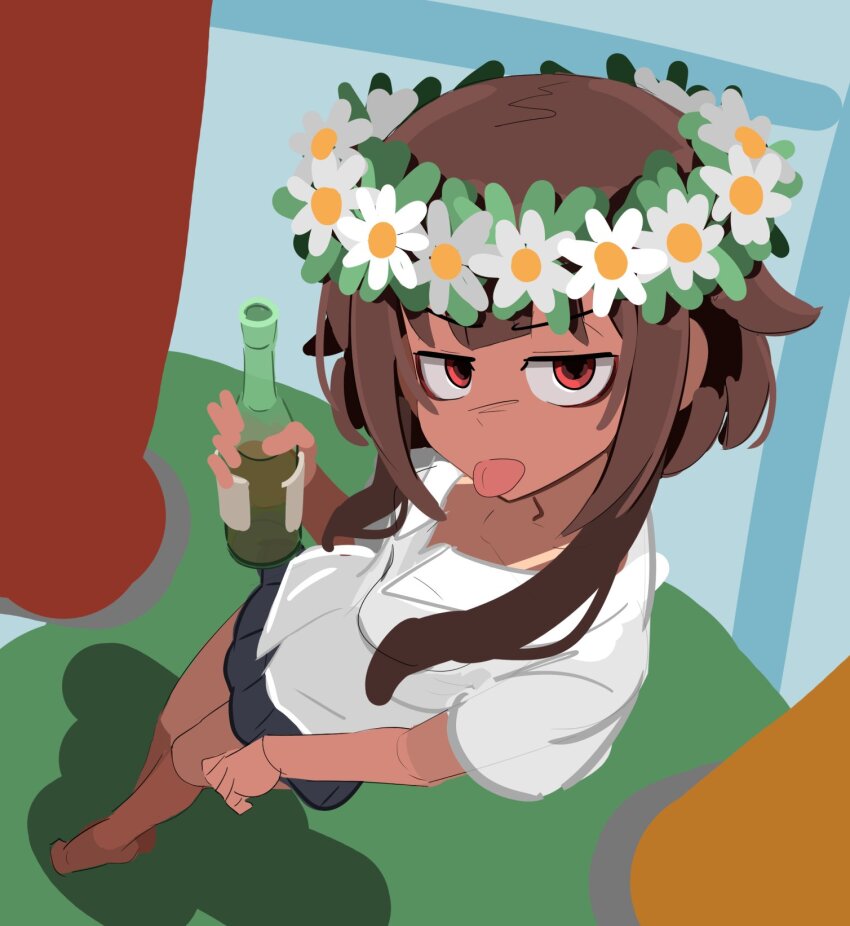 blue_skirt bottle brown_hair flower_wreath full_body highres kono_subarashii_sekai_ni_shukufuku_wo! kurokimoko legs looking_at_viewer megumin midsummer no_shoes red_eyes shirt skirt standing sweden tan tongue tongue_out white_shirt