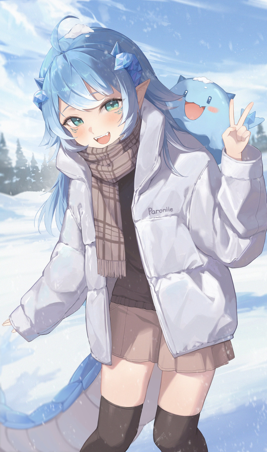 1girl absurdres ahoge aqua_eyes black_thighhighs blue_hair breasts brown_scarf brown_sweater cloud coat cropped_legs double-parted_bangs dragon_girl dragon_horns dragon_tail exitus gradient_hair highres horns light_brown_skirt long_hair looking_at_viewer mascot midori_fufu miniskirt multicolored_hair paroniie_(vtuber) pine_tree pleated_skirt pointy_ears scales scarf sidelocks skirt sky slit_pupils snow snow_on_head standing striped_clothes striped_scarf sweater tagme tail thighhighs tree two-tone_hair v virtual_youtuber white_coat white_hair