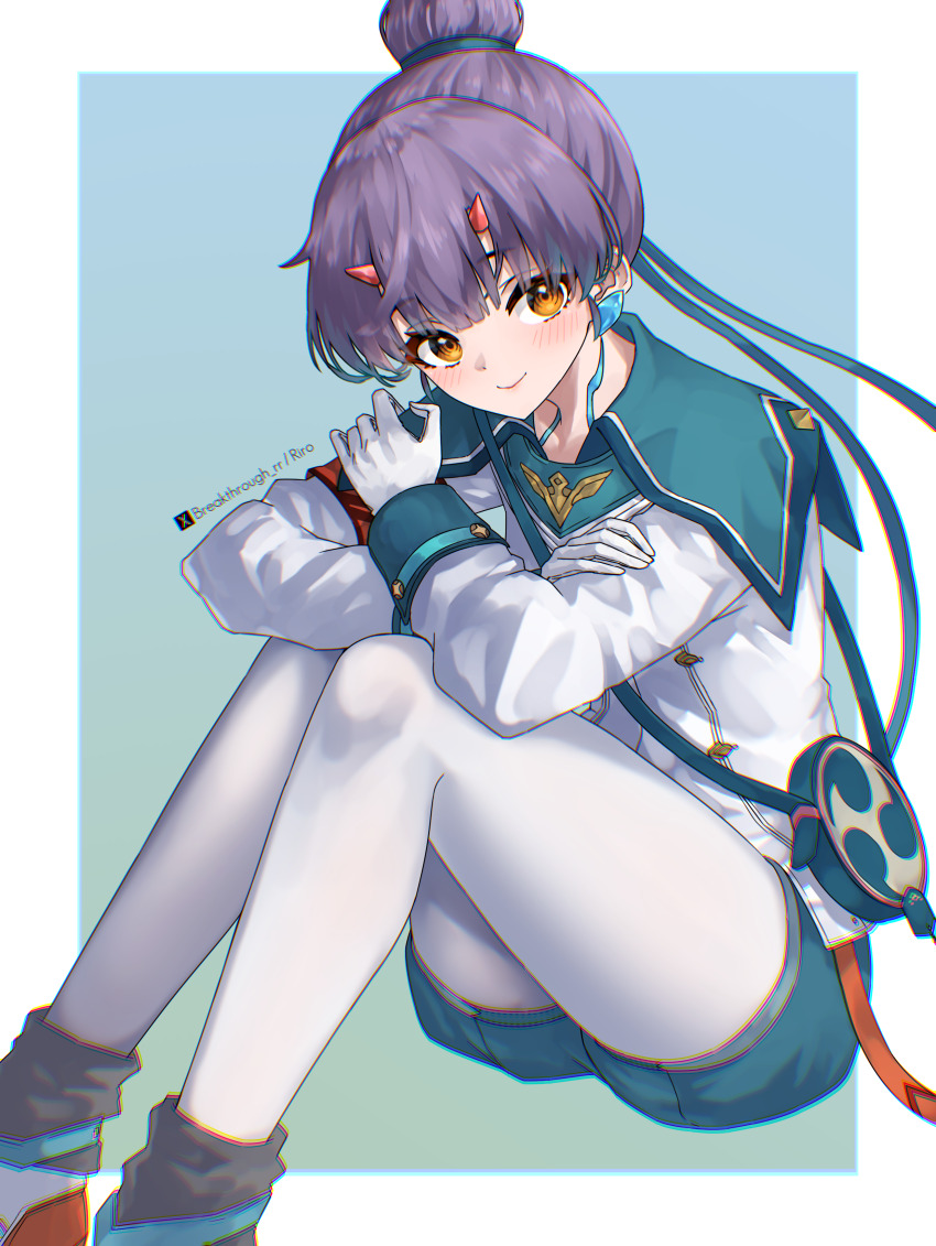 1girl absurdres border closed_mouth eyelashes fiona_(xenoblade) gloves highres horns looking_at_viewer orange_eyes outside_border pantyhose purple_hair riro_(breakthrough_rr) short_hair sitting smile solo white_border white_gloves white_pantyhose xenoblade_chronicles_(series) xenoblade_chronicles_3