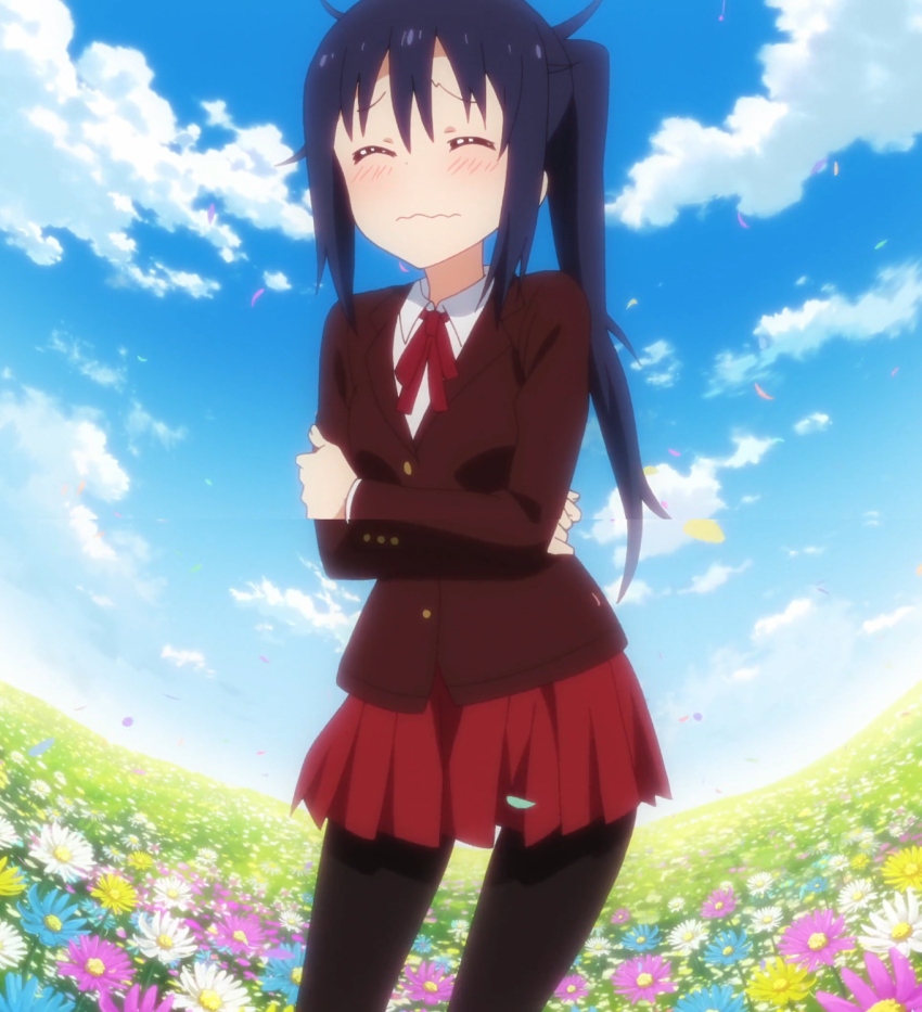1girl black_pantyhose blush closed_eyes closed_mouth day female_focus field flower flower_field highres himouto!_umaru-chan himouto!_umaru-chan_r long_hair long_sleeves motoba_kirie outdoors pantyhose purple_hair scenery school_uniform sky solo standing stitched third-party_edit