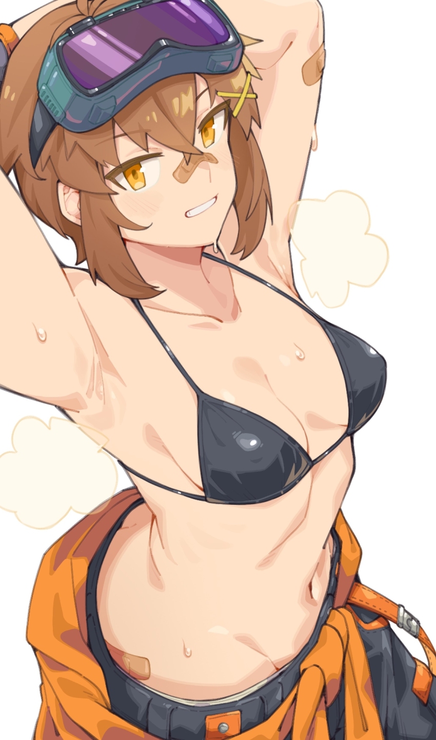 1girl arms_up bandaid bandaid_on_arm bandaid_on_face bandaid_on_nose bikini bikini_top_only black_bikini breasts brown_hair fukana_miyu_(kokuya28) goggles goggles_on_head hair_ornament highres kokuya_(kokuya28) looking_at_viewer medium_breasts navel original pants short_hair solo sweat swimsuit white_background x_hair_ornament