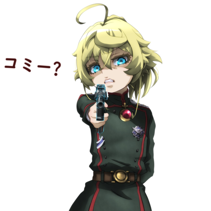 1girl ahoge aiming arm_behind_back blonde_hair blue_eyes clenched_teeth female_focus genya_(genya67) gun handgun highres holding holding_gun holding_weapon looking_at_viewer military military_uniform pointing pointing_at_viewer short_hair simple_background solo standing tanya_degurechaff teeth translation_request upper_body weapon white_background youjo_senki