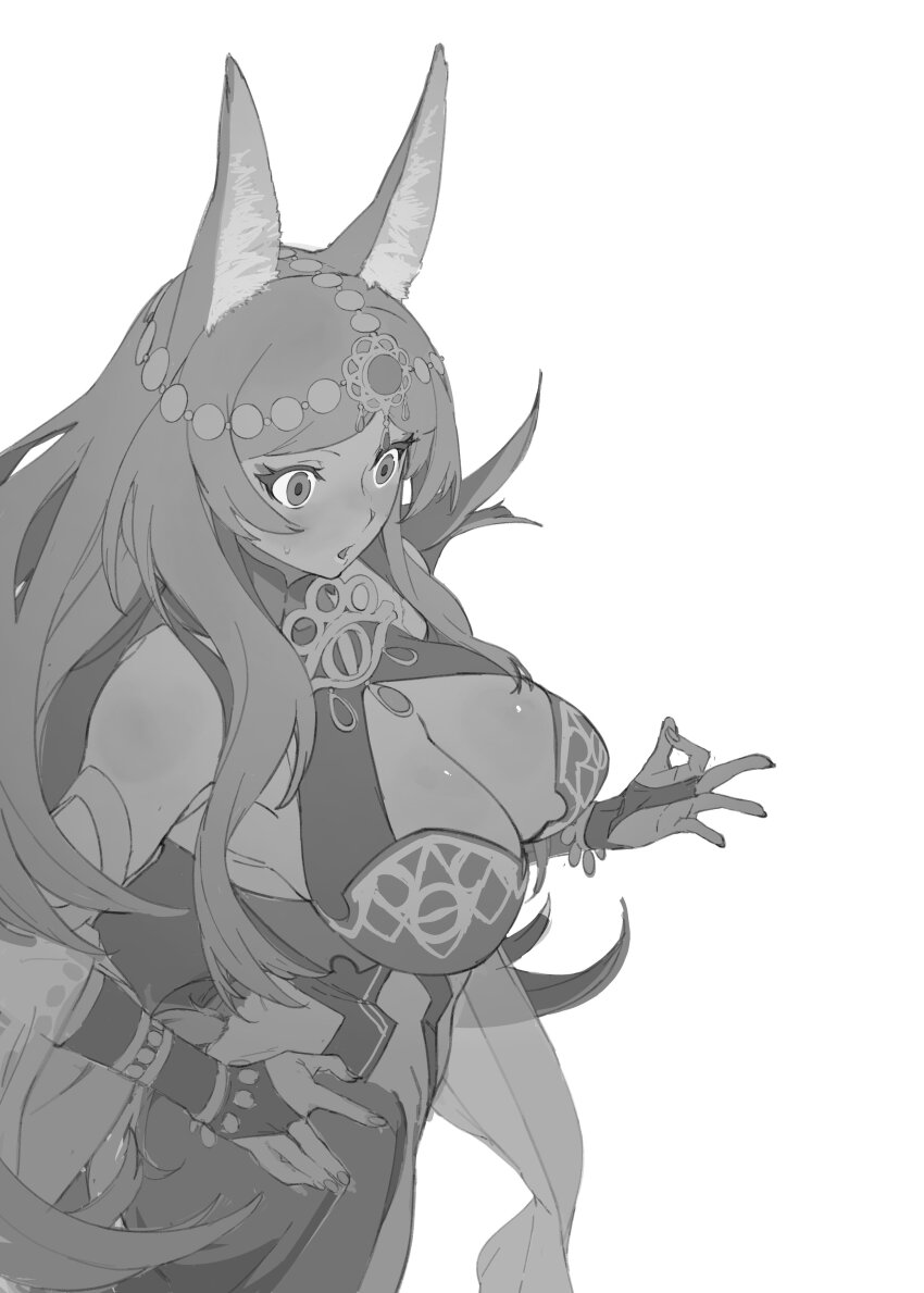 1girl absurdres animal_ears bare_shoulders blush breasts bridal_gauntlets cleavage dark-skinned_female dark_skin fate/grand_order fate_(series) forehead_jewel greyscale head_chain highres jackal_ears jewelry large_breasts long_hair monochrome open_mouth parted_bangs queen_of_sheba_(fate) simple_background solo white_background wr_(karakusa_senbei)