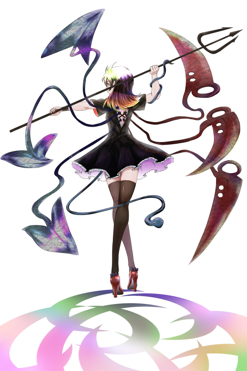 1girl asymmetrical_wings black_dress black_hair black_thighhighs blue_wings bow commentary_request dress footwear_bow frilled_dress frills from_behind full_body high_heels highres houjuu_nue legs medium_hair nue pointy_ears polearm red_footwear red_wings shadow short_dress short_sleeves snake snake_head_tail snake_tail solo tail thighhighs touhou trident weapon white_background wings wristband yokochou