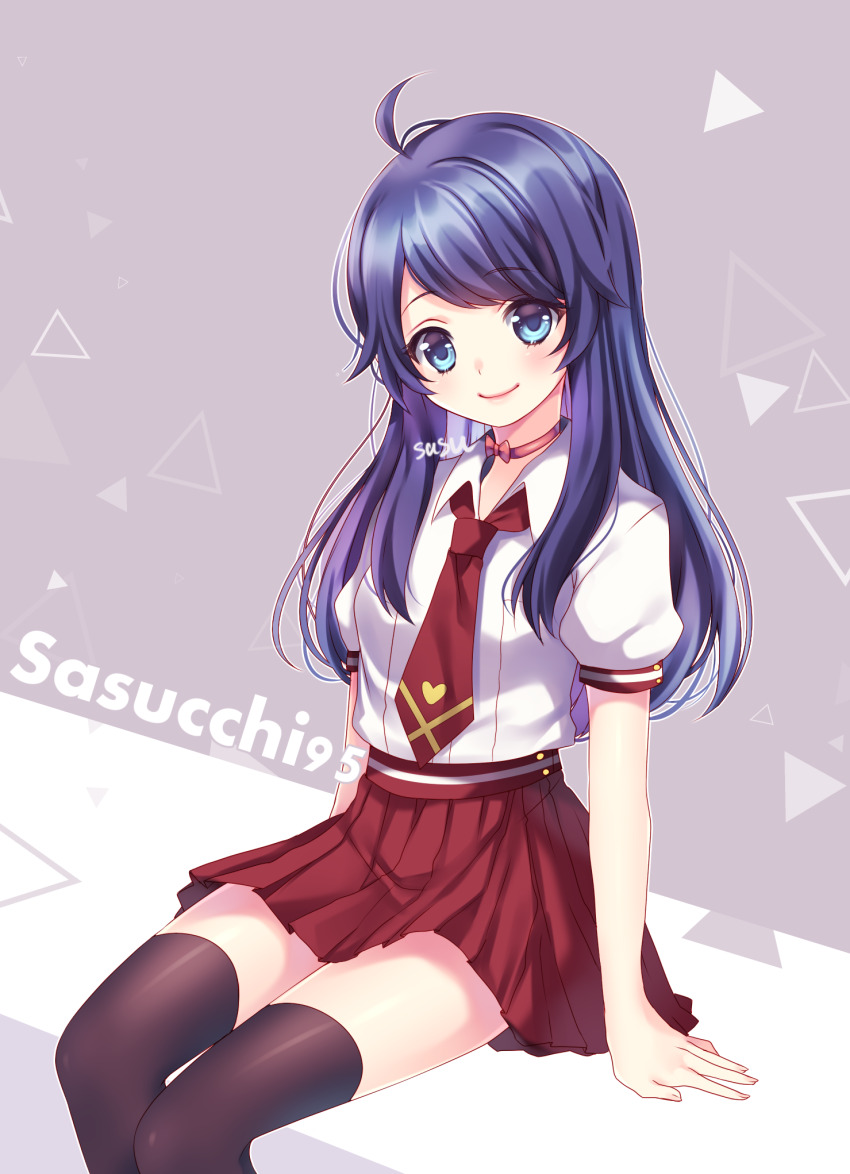 1girl antenna_hair arm_support arms_at_sides art_trade artist_name black_thighhighs blue_eyes blue_hair blush bow bow_choker choker closed_mouth collared_shirt commentary english_commentary feet_out_of_frame grey_background heart highres invisible_chair long_hair looking_at_viewer miniskirt necktie original outline pink_choker pleated_skirt puffy_short_sleeves puffy_sleeves red_necktie sasucchi95 school_uniform shirt shirt_tucked_in short_sleeves simple_background sitting skirt smile solo straight_hair swept_bangs thighhighs triangle two-tone_background white_background white_outline white_shirt zettai_ryouiki