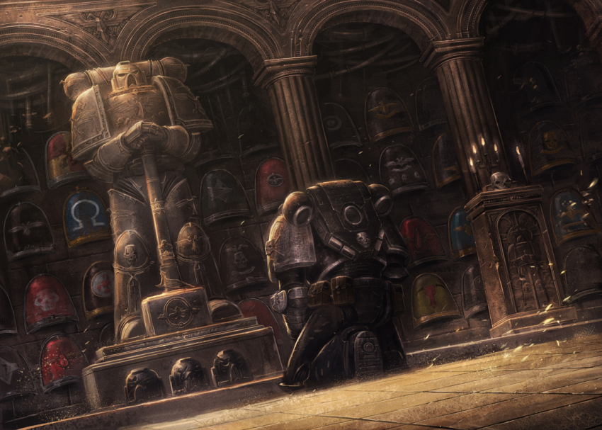 1boy adeptus_astartes ameen_naksewee arch architecture armor armored_boots belt_bag blood_angels boots breastplate brown_bag candelabra candle candlestand column commentary dark deathwatch english_commentary fire full_armor gauntlets greaves greco-roman_architecture grey_armor hammer helmet holding holding_hammer imperial_aquila indoors kneeling male_focus official_art on_floor pauldrons pedestal pillar power_armor red_scorpions shadow shoulder_armor skull_and_crossbones skull_ornament sparkle statue ultramarines unworn_headwear unworn_helmet vambraces war_hammer warhammer_40k weapon