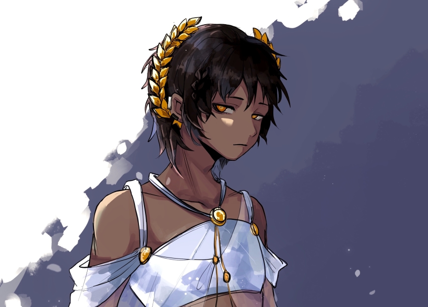 1boy arknights bandeau bare_shoulders bikini black_hair collarbone conghuaya cosplay crossdressing crossdressing_(mtf) dark_skin halterneck highres laurel_crown looking_at_viewer male_focus official_alternate_costume orange_eyes platinum_(arknights) platinum_(arknights)_(cosplay) platinum_(shimmering_dew)_(arknights) short_hair swimsuit thorns_(arknights) upper_body white_bikini