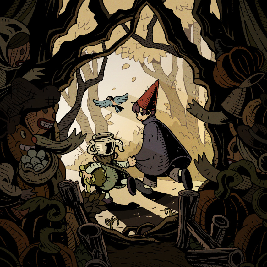 2boys 9twoeight beatrice_(over_the_garden_wall) bird brown_hair day forest from_behind gregory_(over_the_garden_wall) highres looking_back multiple_boys nature outdoors over_the_garden_wall parted_lips red_headwear short_hair tree wirt_(over_the_garden_wall)