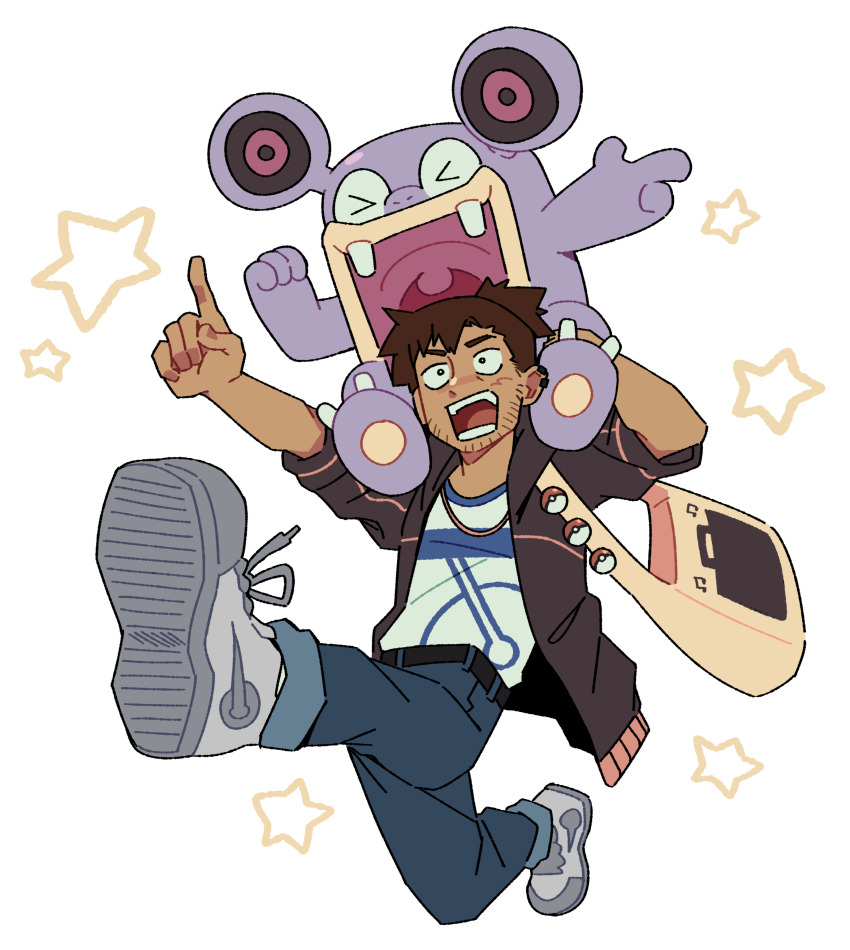 1boy absurdres bag belt black_jacket blue_pants brown_hair closed_eyes commentary commission denim english_commentary facial_hair fourleafisland full_body gen_3_pokemon grey_footwear highres jacket jeans loudred male_focus nintendo on_shoulder open_clothes open_jacket open_mouth original pants pointing pokemon pokemon_(creature) pokemon_on_shoulder shirt shoes short_hair simple_background sneakers star_(symbol) stubble white_background yellow_bag