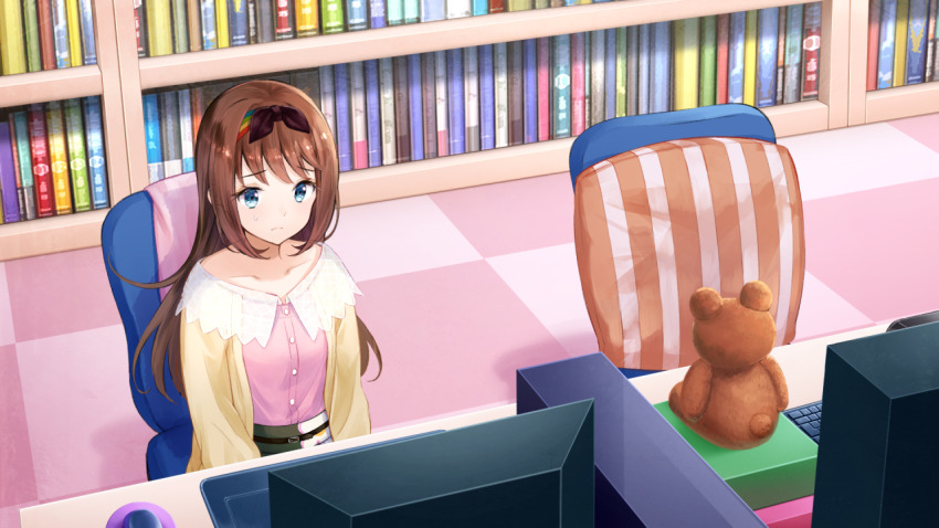 1girl blue_eyes bookshelf breasts brown_cardigan brown_hair cardigan chair closed_mouth collarbone drawing_tablet frown game_cg green_skirt hairband indoors long_hair monitor multicolored_hairband non-web_source office_chair official_art on_chair open_cardigan open_clothes otori_ai pink_shirt raised_inner_eyebrows shirt sidelocks sitting skirt small_breasts solo stuffed_animal stuffed_toy swivel_chair teddy_bear yumeutsutsu_re:master