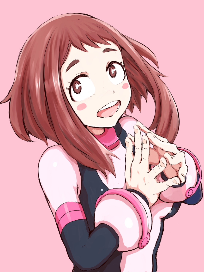 1girl black_bodysuit blush_stickers bodysuit boku_no_hero_academia brown_eyes brown_hair cutterhappa female_focus highres matching_hair/eyes multicolored_bodysuit own_hands_together pink_bodysuit short_hair sidelocks solo superhero_costume uraraka_ochako uraraka_ochako_(hero_outfit) white_bodysuit