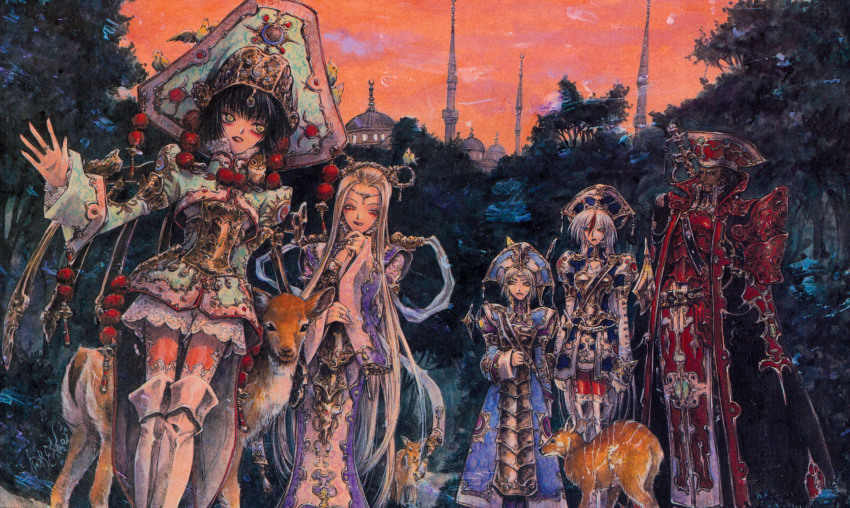 00s 2boys 3girls animal antlers armor armored_boots astharoshe_asran baibars baibars_(trinity_blood) black_hair blonde_hair bonnet boots building hair_rings helmet highres holding holding_behind_back horns ion_fortuna long_hair long_sleeves looking_at_viewer mirka_fortuna multiple_boys multiple_girls official_art orange_sky outdoors plant reindeer scan seth_nightroad sheath sheathed shibamoto_thores shoulder_pads sky standing sword tabard thigh_boots thighhighs tower tree trinity_blood very_long_hair weapon wide_sleeves