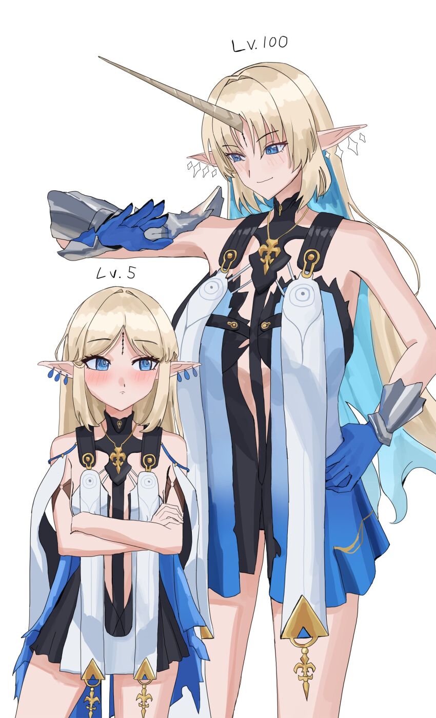 2girls absurdres bare_shoulders black_collar black_dress blonde_hair blue_eyes blue_hair blue_hands blush breasts cartethyia_(wuthering_waves) closed_mouth collar colored_inner_hair commentary crossed_arms dress fleurdelys_(wuthering_waves) hand_on_own_hip hashtag-only_commentary height_difference highres horns large_breasts long_hair looking_at_viewer multicolored_hair multiple_girls pointy_ears single_horn smile tabard white_tabard wuthering_waves yellow_horns yonyanyon