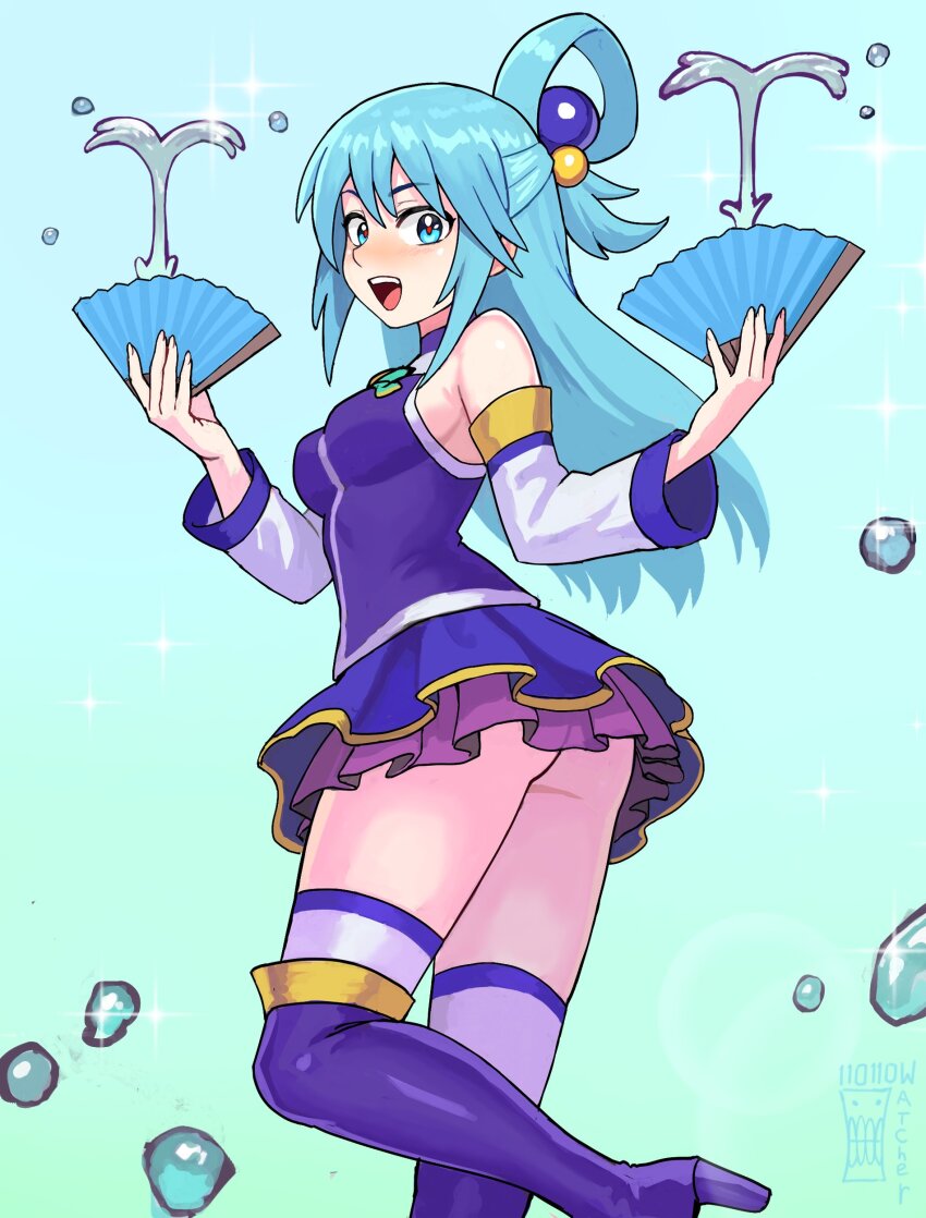 1girl absurdres aqua_(konosuba) ass bare_shoulders blue_boots blue_eyes blue_hair blue_shirt blue_skirt blue_thighhighs boots bow bowtie breasts detached_sleeves green_bow green_bowtie hair_between_eyes hair_ornament hair_rings highres kono_subarashii_sekai_ni_shukufuku_wo! large_breasts long_hair looking_at_viewer miniskirt no_panties open_mouth shirt sideboob single_hair_ring skirt smile solo thigh_boots thighhighs thighhighs_under_boots watcher_hollow