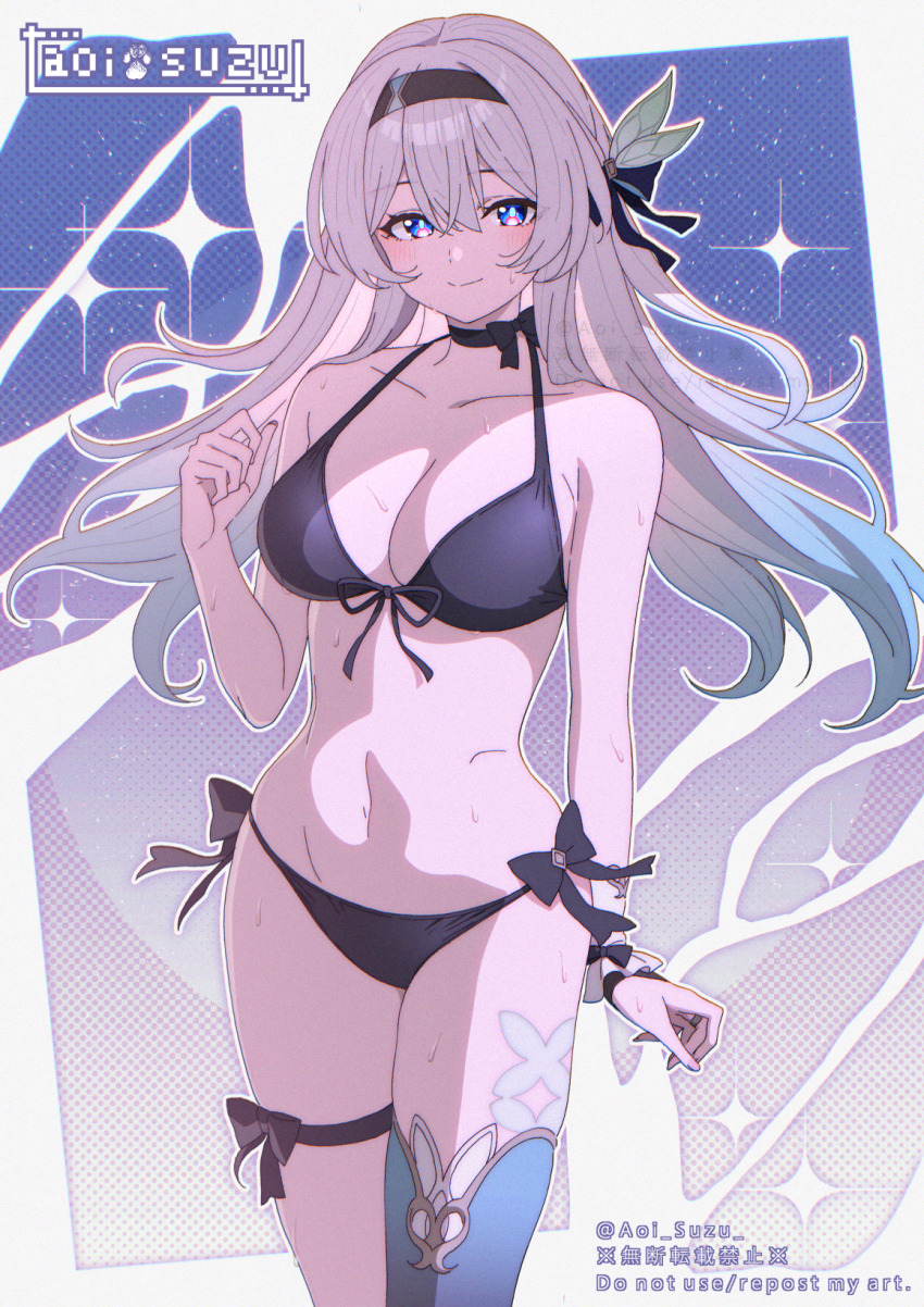 1girl alternate_costume aoi_suzu aqua_thighhighs bare_shoulders bikini black_bikini black_bow black_bridal_gauntlets black_hairband bow bow_bikini breasts bridal_gauntlets cleavage closed_mouth firefly_(honkai:_star_rail) floating_hair grey_hair hair_between_eyes hair_ornament hairband hand_up highres honkai:_star_rail honkai_(series) looking_at_viewer navel single_bridal_gauntlet single_thighhigh smile solo standing stomach sweat swimsuit thighhighs
