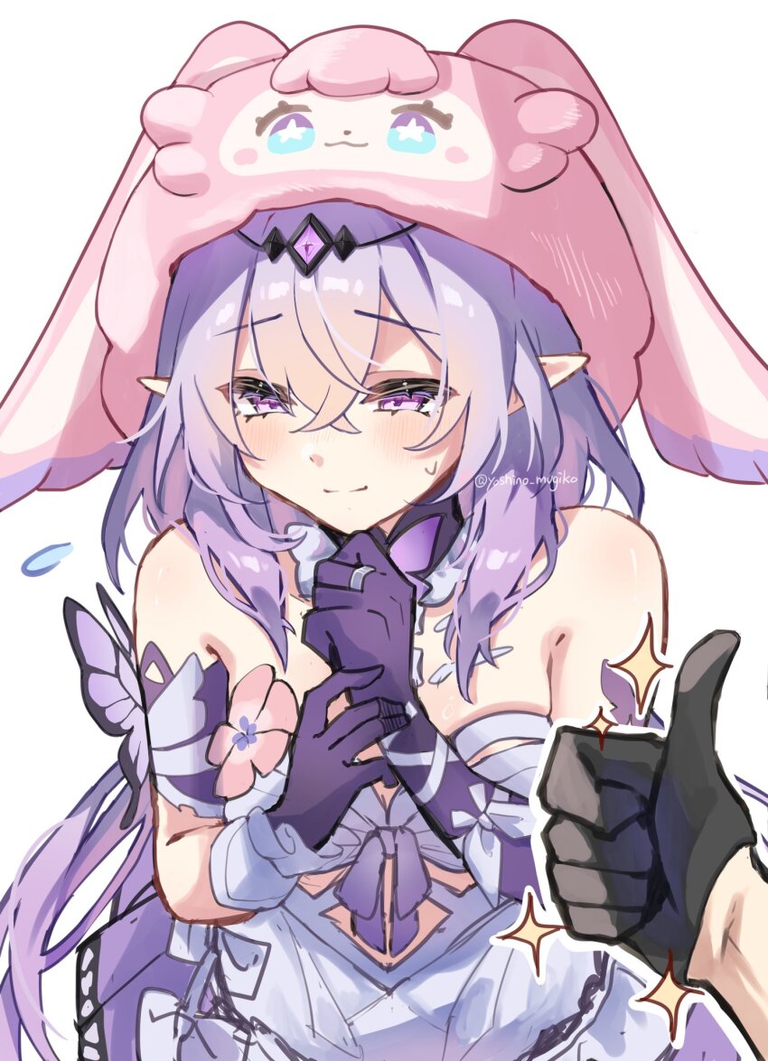 2girls animal_hat animal_print bare_shoulders black_gloves butterfly_print castorice_(honkai:_star_rail) commentary_request dress flower gloves hat highres honkai:_star_rail honkai_(series) light_blush long_hair mem_(honkai:_star_rail) multiple_girls pointy_ears purple_eyes purple_hair solo_focus sparkle stelle_(honkai:_star_rail) sweatdrop trailblazer_(honkai:_star_rail) very_long_hair white_background yoshino_mugiko