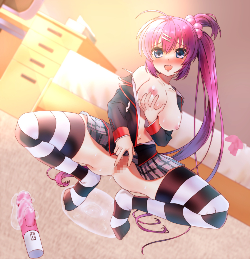 1girl absurdres ahoge arm_under_breasts aroused black_jacket blazer blue_eyes blush breasts censored cleavage collarbone commentary_request commission curvy dildo dutch_angle female_masturbation full_body gluteal_fold grabbing_own_breast grey_skirt hair_between_eyes hair_bobbles hair_ornament hairclip head_tilt highres indoors jacket large_breasts little_busters! little_busters!_school_uniform long_hair long_sleeves looking_at_viewer masturbation miniskirt mosaic_censoring natsuoto_rito navel nipples no_bra no_panties no_shoes nose_blush one_side_up open_clothes open_jacket open_mouth open_shirt plaid_clothes plaid_skirt presenting pussy pussy_juice pussy_juice_stain saigusa_haruka school_uniform sex_toy shirt side_ponytail sidelighting single_bare_shoulder skeb_commission skirt smile solo spread_pussy spreading_own_pussy squatting striped_clothes striped_thighhighs teeth thighhighs thighs upper_teeth_only very_long_hair white_shirt