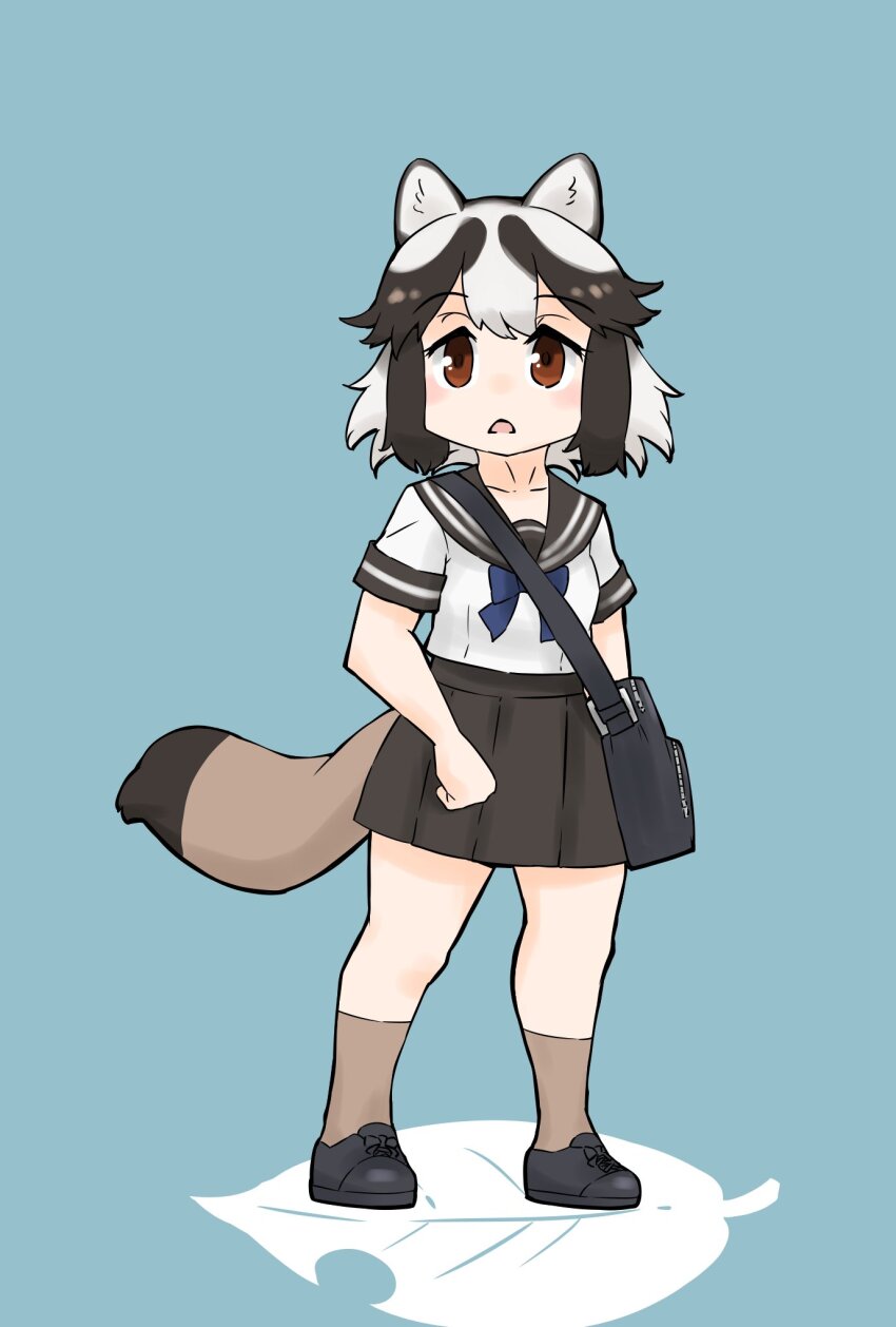 1girl :&lt; alternate_costume animal_ears bag black_footwear blue_bow blue_bowtie blush bow bowtie brown_eyes brown_hair brown_skirt brown_socks brown_trim collarbone full_body gravi_pig4891 hair_between_eyes highres kemono_friends leaf multicolored_hair pleated_skirt raccoon_ears raccoon_girl raccoon_tail sailor_collar sailor_shirt school_bag school_uniform serafuku shirt short_sleeves sidelocks skirt socks solo t-shirt tail tanuki_(kemono_friends) two-tone_hair white_hair white_shirt