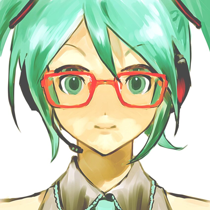 1girl aqua_eyes aqua_hair bare_shoulders capekachuu commentary glasses hatsune_miku headset highres looking_at_viewer red-framed_eyewear shirt simple_background sleeveless sleeveless_shirt solo symbol-only_commentary upper_body vocaloid white_background