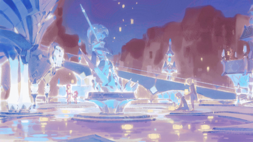 1boy 1girl 3others candle highres kchang57 lantern link mipha multiple_others night night_sky nintendo paper_lantern princess_zelda scenery sky squatting statue the_legend_of_zelda the_legend_of_zelda:_breath_of_the_wild zora