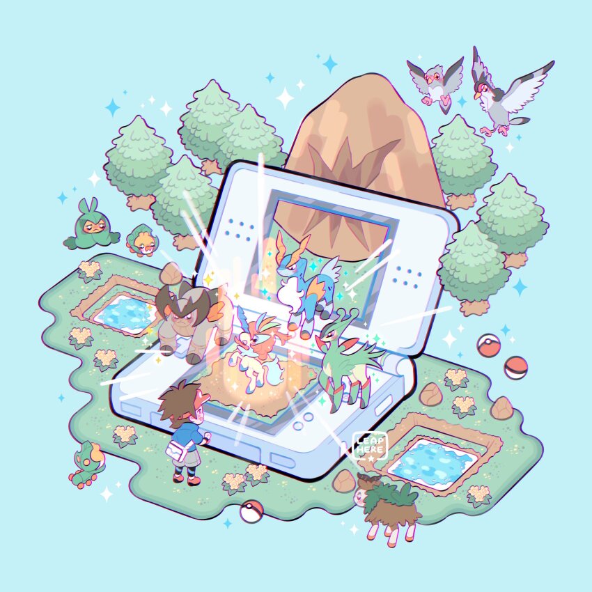 1boy artist_name bird blue_jacket blush brown_hair chibi cobalion commentary flower gen_5_pokemon gen_6_pokemon glowing grass grey_shorts handheld_game_console highres jacket keldeo leaphere legendary_pokemon leggings male_focus mythical_pokemon nate_(pokemon) nintendo nintendo_ds pidove poke_ball poke_ball_(basic) pokemon pokemon_bw2 rock sewaddle shoes short_hair shorts skiddo sparkle standing star_(symbol) swadloon terrakion tranquill tree virizion visor_cap yellow_flower