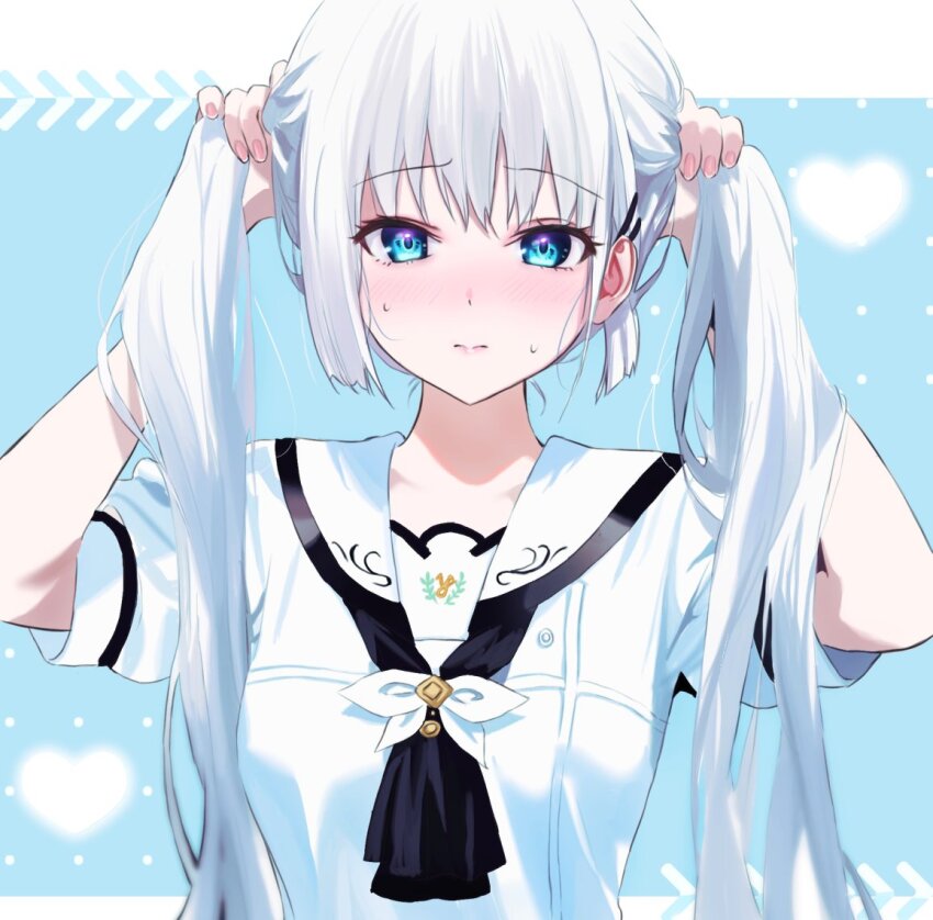 1girl 3: parallel_hairclips alternate_hairstyle ascot black_ascot blue_background blue_eyes blunt_ends blush bunching_hair closed_mouth commentary_request embarrassed eyelashes fingernails hair_behind_ear hair_between_eyes hair_ornament hairclip hands_up heart holding holding_own_hair lips long_hair looking_at_viewer miiizuno_lbs naruse_shiroha nose_blush puffy_short_sleeves puffy_sleeves sailor_collar school_uniform serafuku shirt short_sleeves simple_background solo split_mouth straight_hair summer_pockets summer_pockets_school_uniform sweatdrop twintails upper_body very_long_hair white_hair white_sailor_collar white_shirt