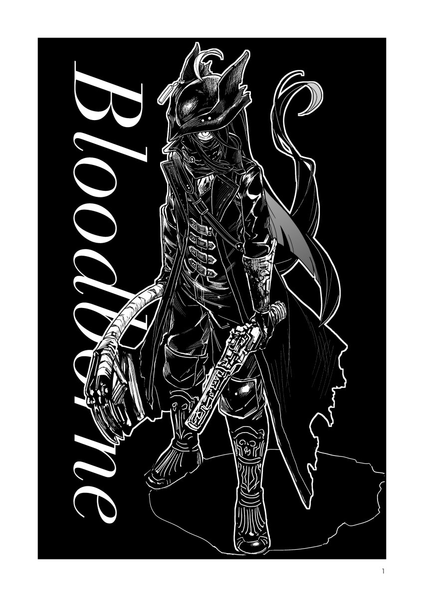 1girl absurdres animal_ears antique_firearm bandana bloodborne bracer breasts cape coat collared_shirt cosplay ear_tag earrings ears_through_headwear firearm greyscale gun hair_between_eyes hat highres holding holding_gun holding_hands holding_weapon horse_ears horse_girl horse_tail hunter_(bloodborne) hunter_(bloodborne)_(cosplay) jewelry kimihitsuji long_bangs long_hair long_hair_between_eyes long_sleeves looking_at_viewer manhattan_cafe_(umamusume) monochrome open_clothes open_coat shirt single_earring solo tail torn_cape torn_clothes tricorne umamusume very_long_hair weapon