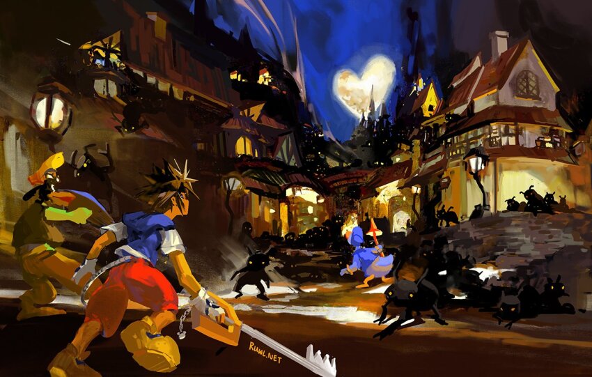 1boy army blue_hoodie brown_hair building chain donald_duck goofy heartless holding holding_keyblade holding_weapon hood hoodie house keyblade kingdom_hearts moon night night_sky pants red_pants shield sky sora_(kingdom_hearts) spiked_hair staff traverse_town weapon yellow_footwear