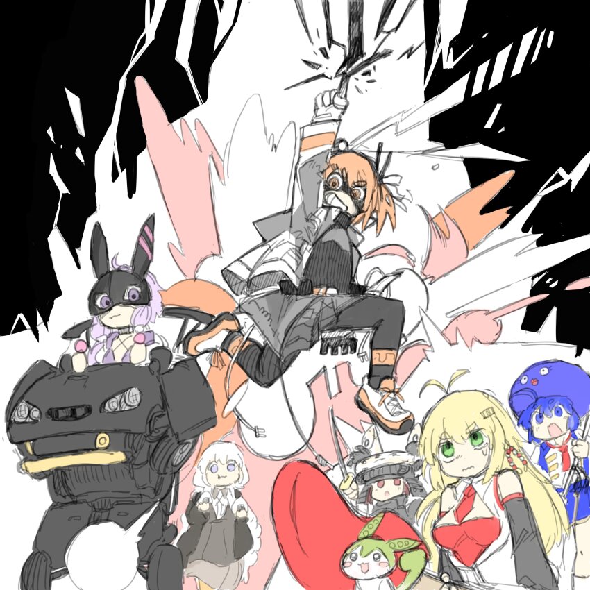6+girls a.i._voice absurdres adachi_rei ahoge alternate_costume animal antenna_hair armor beads black_leggings black_shirt blonde_hair blue_eyes blue_hair blue_shorts blush_stickers braid brown_hair cable cleavage_cutout clothing_cutout commentary_request controller detached_sleeves eel_hat explosion food green_eyes grey_skirt grin hair_beads hair_ornament hair_ribbon headlamp highres holding holding_food holding_sword holding_weapon jacket japanese_armor joystick jumping katana kiritanpo_(food) kizuna_akari leggings light_purple_hair lightning long_hair looking_at_viewer looking_up mask mecha midair multiple_girls necktie official_alternate_costume onigiri open_clothes open_jacket open_shirt orange_eyes orange_hair otomachi_una pleated_skirt pointing pointing_up purple_eyes rabbit_mask red_eyes red_necktie ribbon robot samurai shaded_face shirt shoes short_hair short_hair_with_long_locks short_necktie shorts side_ponytail sketch skirt sleeveless sleeveless_shirt smile sneakers subaru_namisaki sweatdrop sword touhoku_kiritan tsurumaki_maki turtleneck twin_braids utau v-shaped_eyebrows vocaloid voiceroid weapon white_hair white_jacket white_ribbon yuzuki_yukari zundamon zundamon_(utau)