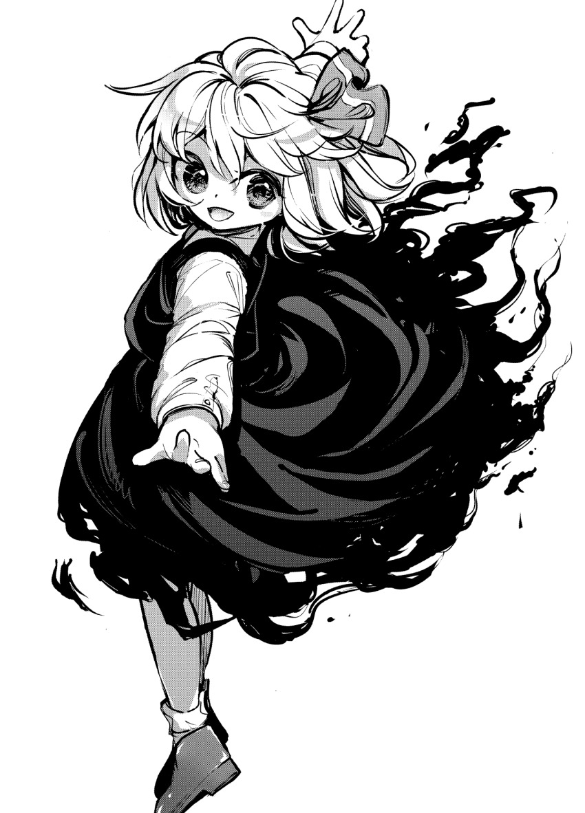 :d buttoned_cuffs buttons collared_shirt darkness dot_nose floating_hair full_body greyscale hair_ribbon highres long_sleeves monochrome open_mouth outstretched_arms ribbon rumia shirt shoes short_hair simple_background skirt smile socks solo spread_arms suna_(s73d) touhou turning_head vest white_background