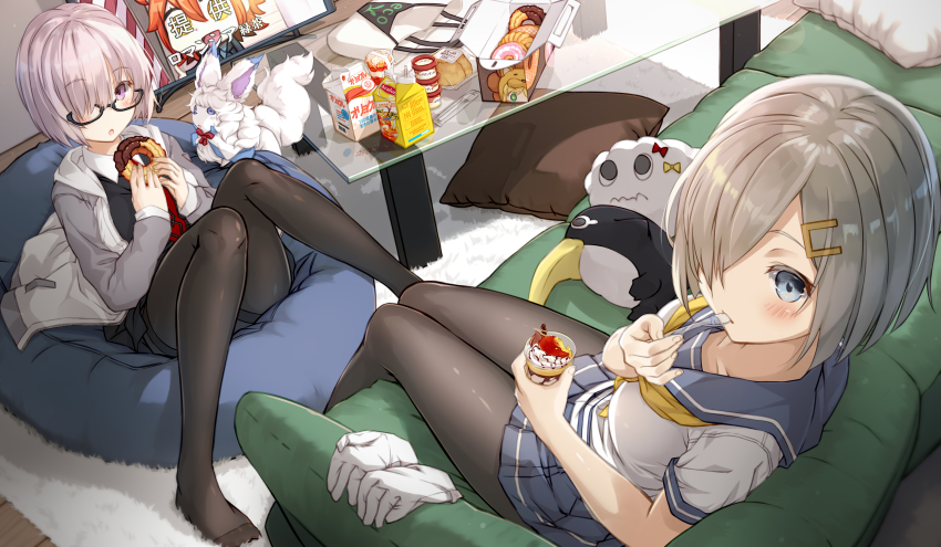 10s 3girls absurdres artoria_pendragon_(fate) black_legwear blue_eyes blush breasts commentary_request convenient_leg creature crossover donut eating failure_penguin fate/grand_order fate_(series) food fou_(fate) fujimaru_ritsuka_(female) glasses gloves hair_ornament hair_over_one_eye hairclip hamakaze_(kancolle) highres ice_cream kantai_collection katoroku large_breasts look-alike looking_at_viewer mash_kyrielight miss_cloud multiple_girls necktie no_shoes pantyhose purple_eyes purple_hair riyo_(lyomsnpmp)_(style) saber_lion school_uniform serafuku short_hair silver_hair television trait_connection unworn_gloves white_gloves