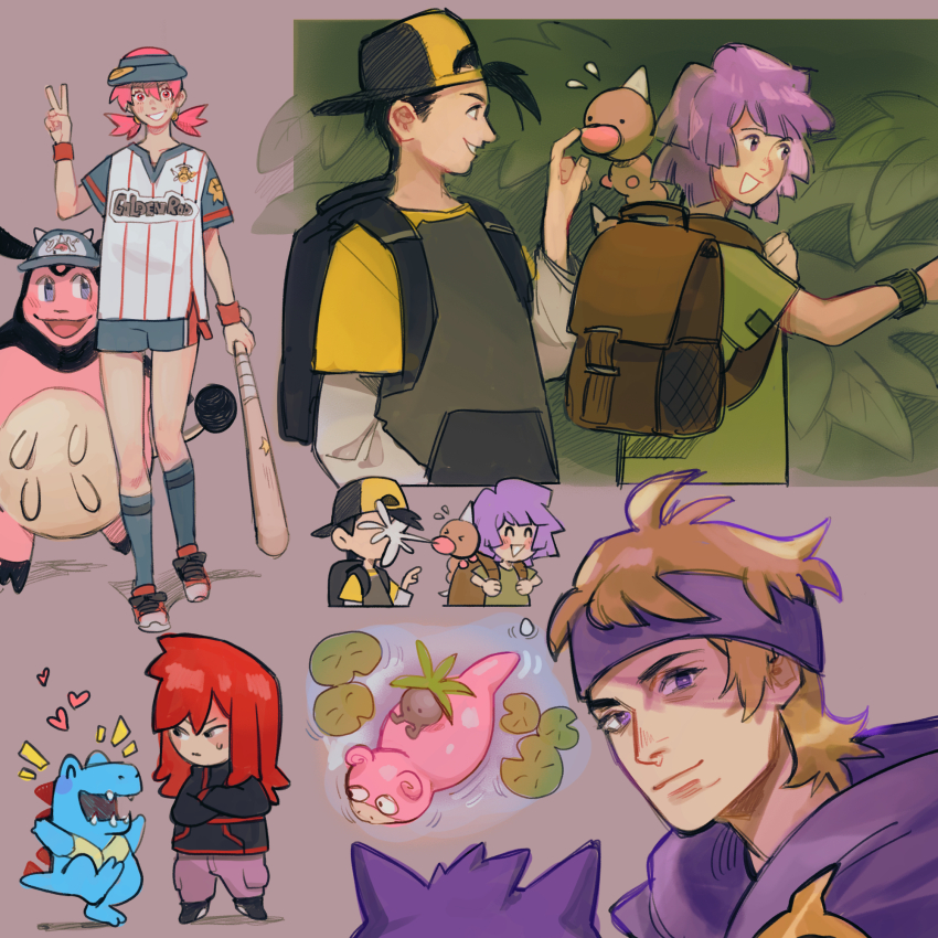 1girl 4boys ^_^ backpack backwards_hat bag baseball_bat black_hair blonde_hair brown_bag bugsy_(pokemon) closed_eyes closed_mouth commentary english_commentary ethan_(pokemon) flying_sweatdrops game_freak gen_1_pokemon gen_2_pokemon gengar grin hat headband heart highres holding holding_baseball_bat kneehighs lily_pad long_hair miltank monkii_(mjooolnina) morty_(pokemon) multiple_boys multiple_views nintendo oddish pink_hair pokemon pokemon_(creature) pokemon_hgss purple_hair purple_headband red_(pokemon) red_hair shirt shoes short_hair short_sleeves shorts silver_(pokemon) slowpoke smile socks standing sweatdrop teeth totodile twintails weedle whitney_(pokemon) wristband
